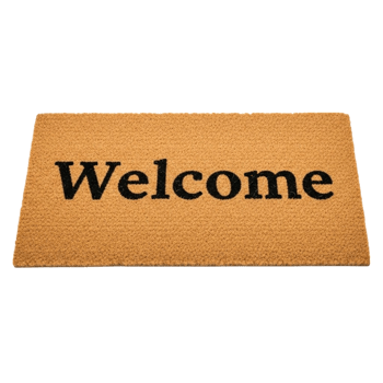 A tan welcome doormat with black text on a transparent background png