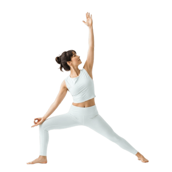 Woman in warrior ii yoga pose with raised arm and mudra png