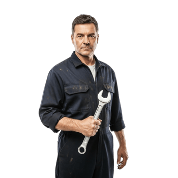 Confident mechanic in blue overalls holding a large silver wrench png