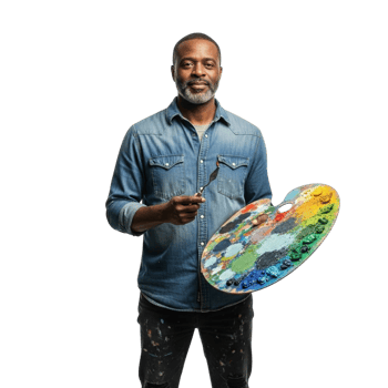 Artist holding a palette and brush ready to create png