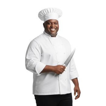 Smiling chef in uniform holding a sharp kitchen knife ready to cook png