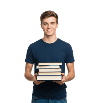 Happy young man in a blue t shirt holding a stack of books png