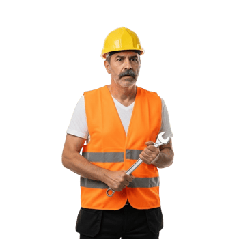 Experienced construction worker in safety vest and hard hat holding a wrench png