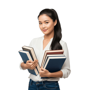 Young woman holding a stack of books with a friendly smile png