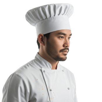 Asian chef in traditional uniform with toque looking to the side png