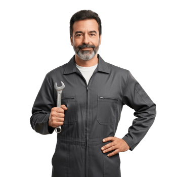 Confident mechanic in gray jumpsuit holding a wrench with one hand on hip png