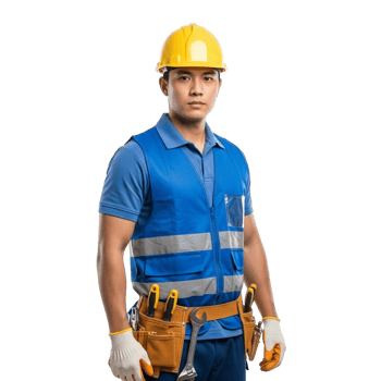 Skilled construction worker with tools and protective gear ready for work png