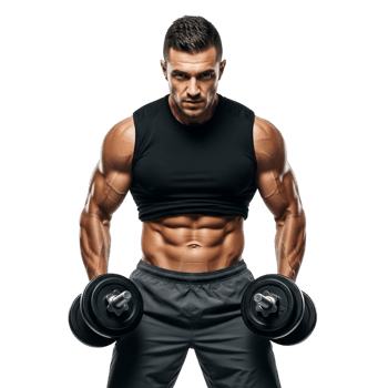 Muscular man with six pack abs holds dumbbells ready for workout png