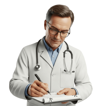 Doctor in white coat with stethoscope writing on clipboard png