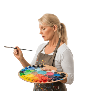 Artist concentrates on mixing colors on a wooden palette with a brush png