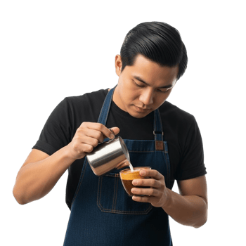Barista carefully pours milk into espresso creating latte art png