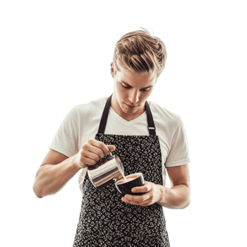 Barista carefully pours milk into a coffee cup creating latte art png