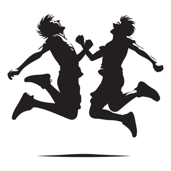 Silhouette two people jumping in air with hands raised joyful celebration of friendship vector