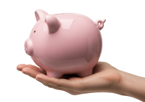 Hand holding pink ceramic piggy bank isolated on transparent background, savings concept png