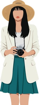 Woman photographer holding camera wearing hat teal skirt and white blazer illustration vector