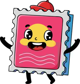 Happy postage stamp cartoon character with red cap and cheerful expression illustration vector