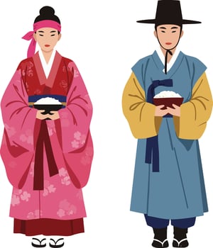 Traditional Korean Couple Wearing Hanbok Holding Bowls in Cultural Attire Illustration vector
