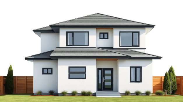 A modern house with a fence and grass png