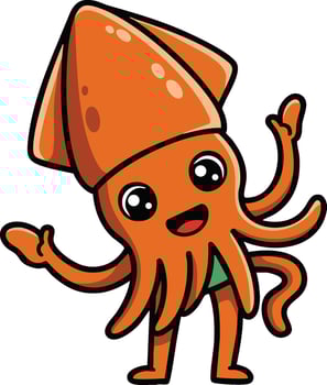 Cute orange squid cartoon character waving happy friendly underwater animal illustration vector
