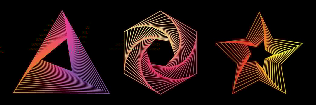 Set of gradient twisted spirals. Twisted wireframe tunnels of different shapes, triangle, hexagon, star isolated on a dark background. design element. Swirl symbols. Colored thin lines. vector
