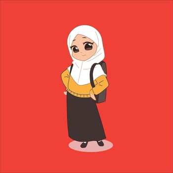 Cartoon muslim girl with backpack on red background vector