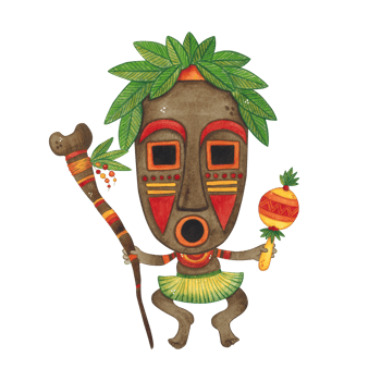 African shaman with a staff and in a mask. Watercolor illustration hand drawn, cartoon. Drawing for textiles, paper, cards, stickers. face, holiday, carnival, travel, national, costume, aborigine png