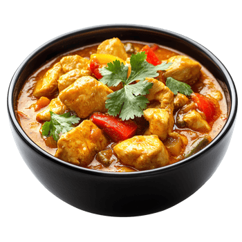 Delicious Chicken Curry In Black Bowl With Vegetables And Herbs Isolated On Transparent Background png