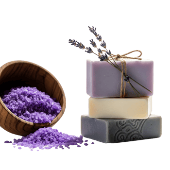 Aromatic lavender soaps and bath salts in a rustic wooden bowl isolated on transparent background png