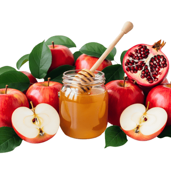Apples, honey, and pomegranate are arranged for rosh hashanah, isolated on transparent background png