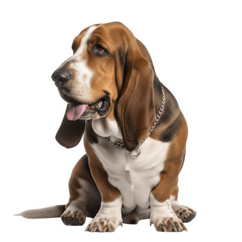 Basset hound sitting and isolated on transparent background looks to the side png