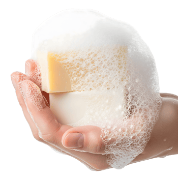 Hand holding two bars of soap covered in white foam isolated on transparent background png