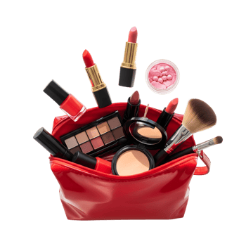 Makeup spilling out of a red cosmetic bag isolated on transparent background png