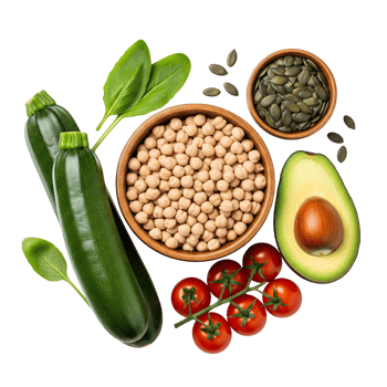 Fresh zucchini, chickpeas, avocado, and tomatoes are isolated on transparent background png