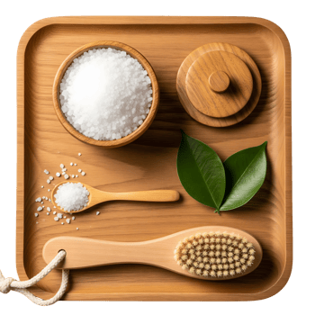 Spa essentials are arranged on a wooden tray, isolated on transparent background png