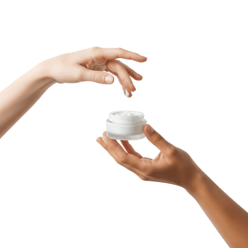 Two hands, one light and one dark, reach for a jar of white cream against a transparent background, symbolizing skincare and beauty png