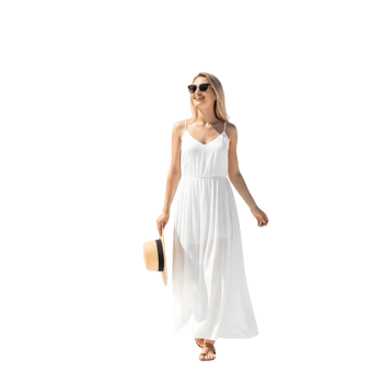 A beautiful blonde woman in a white dress and sunglasses is walking with a hat isolated on transparent background png