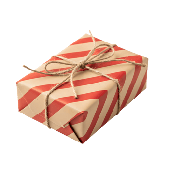 A beautifully wrapped gift with red stripes and a rustic twine bow isolated on transparent background png