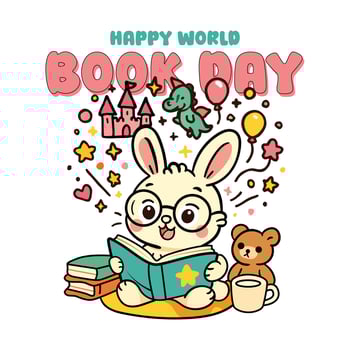 Happy World Book Day Hari Buku Sedunia Bunny Joyfully Reading and Writing with Big Smile vector