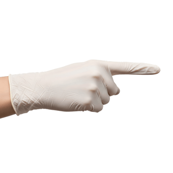 A hand wearing a white latex glove is pointing to the right, isolated on transparent background png