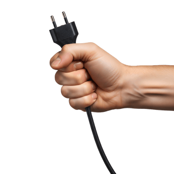 A hand holding a black electrical plug with cord isolated on transparent background png
