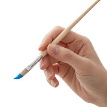A hand holds a paintbrush with blue paint on a transparent background, ready to create art png