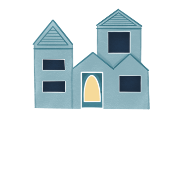 Cartoon Blue House with Twin Towers and Arched Door - Flat Illustration png