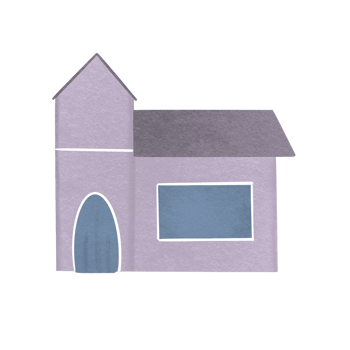 Cute Purple Cartoon House with Tower and Oval Door - Flat Illustration png