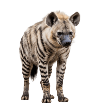 A striped hyena stands alert on a plain transparent background, its striped fur pattern clearly visible, isolated on transparent background png