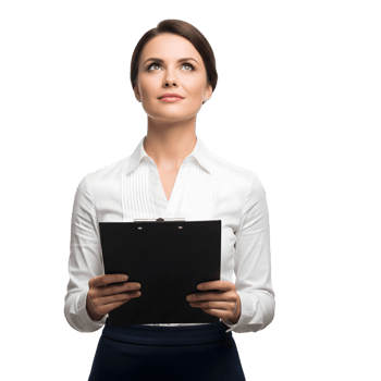 A thoughtful businesswoman with clipboard looks up, isolated on transparent background, embodying ambition and professional aspiration png