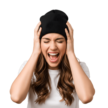 A young woman with a black beanie is screaming with her hands on her head isolated on transparent background png