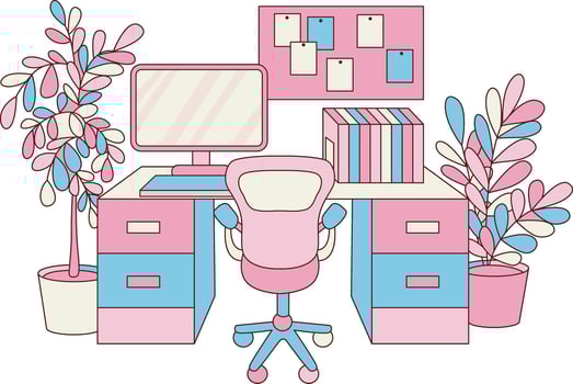 Pink and blue set up desktop office room for architect inspiration. vector