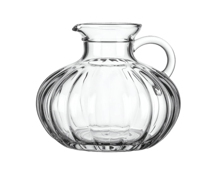 clear glass decanter with fluted round body and short spout, elegant vintage pitcher with circular handle, transparent container on isolated background png