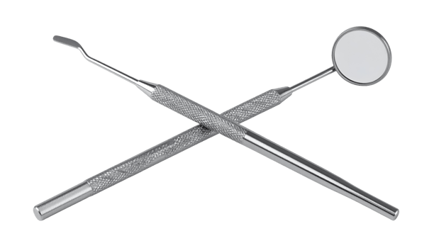 pair of stainless steel dental scaler and mouth mirror crossed together for oral hygiene checkup on isolated background with reflective textured handle for dentist tools concept png