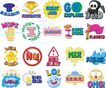 Cute text sticker message illustration. Colorful positive quotes text. Cute sticker with faces and text. vector